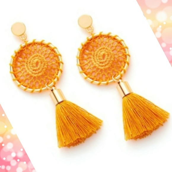 Boho Crochet Top Tassel Earrings Sunset & Gold - Picture 6 of 6